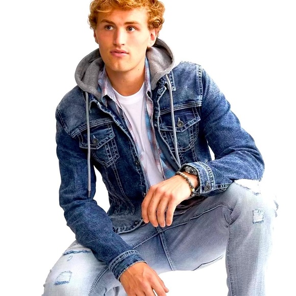 ⭐️Guess Blue Denim Jacket with Gray Hood⭐️ - Picture 2 of 13